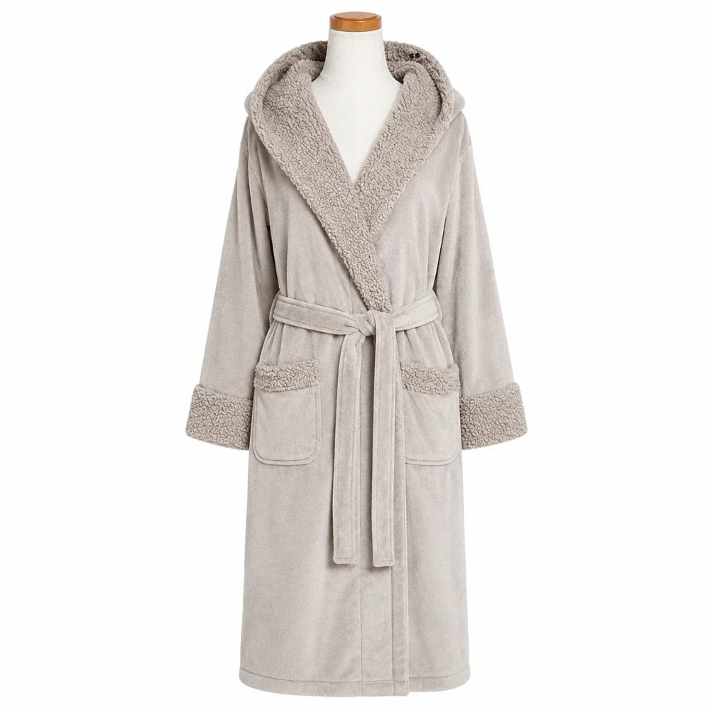 Pottery Barn Robe Women Large Gray Plush Faux Fur Trim Hooded Belted Long Fleece